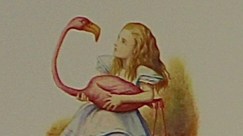 A picture from the exhibition with Alice holding an flamingo-like bird.