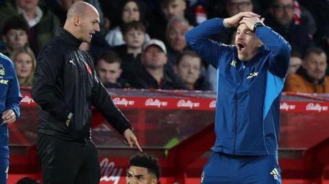 Sean Dyche reacts in disbelief to a refereeing decision during Nottingham Forest's Premier League match at home to Manchester United