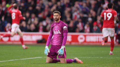 Guglielmo Vicario reacts to conceding a goal at Nottingham Forest