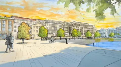 A picture of the plan for the strand. It is a sketched design . With many buildings, homes and waterfront seen in the picture. 