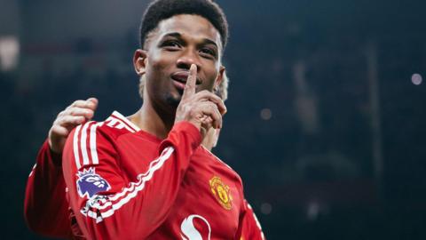 Amad Diallo celebrates after scoring for Manchester United against Southampton