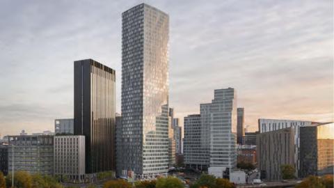 Artist's impression of the dark grey 33-storey building and the smaller 12-storey light grey structure attached among other buildings.