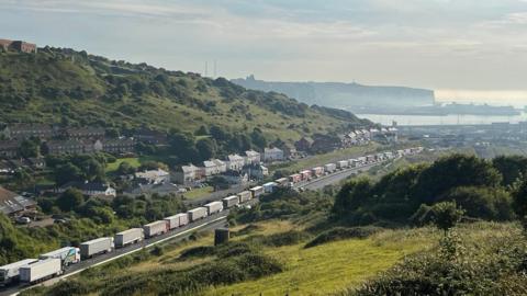 A queue of HGVs headed toward Dover on Friday