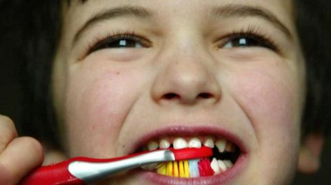 A schoolboy with dark hair and eyes brushing his teeth with a red toothbrush with coloured brushes