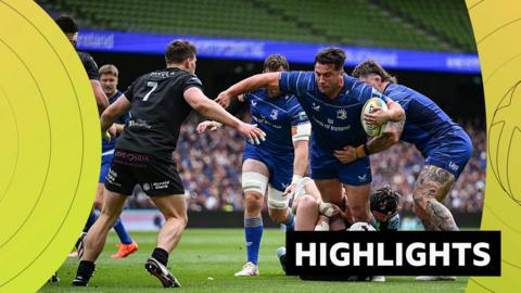 Thomas Clarkson of Leinster is tackled during the United Rugby Championship semi-final match against Glasgow Warriors at the Aviva Stadium in Dublin