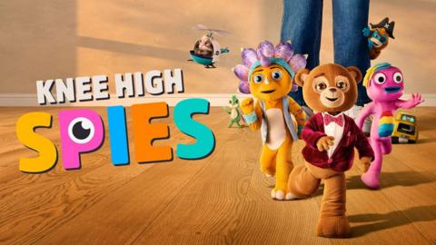 Knee High Spies logo and three characters running forwards. A bear, a dinosaur and a human shaped blob.