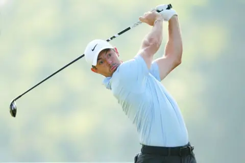 Rory McIlroy hitting a shot at Valhalla during 2024 US PGA Championship week