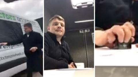 Left: A man openning a van door. Centre: A man sitting at a desk in a van. Right: A hand holding a stamp, stamping a document.
