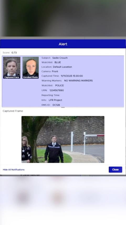 A computer image of a window on a screen showing someone being identified.