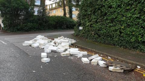 A pile of white bricks laying on the side of the road, by a green hedge and houses. There is a part of a wooden pallet beside them as well.