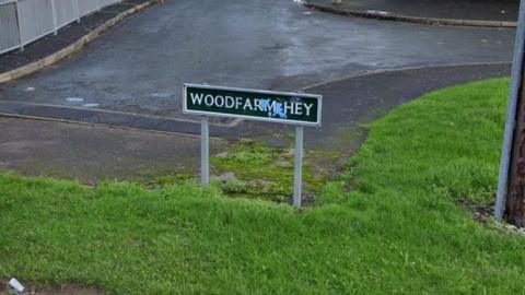 A green road sign reading Woodfarm Hey standing on a grassy area. The sign has been partially defaced by blue spray-paint.