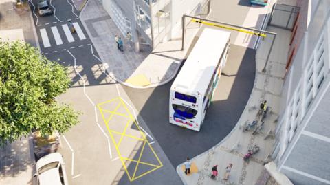 An artist's impression, with a birds-eye perspective, of a white, double-decker Jersey bus. It is approaching a rectangular, grey and yellow height restriction barrier. At the rear of the bus, a set of yellow lines are painted on the road. A zebra crossing is visible in the top left of the image.