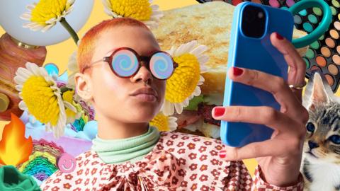 Person using cell phone trapped in a scroll hole surrounded by collage of social media obsessions