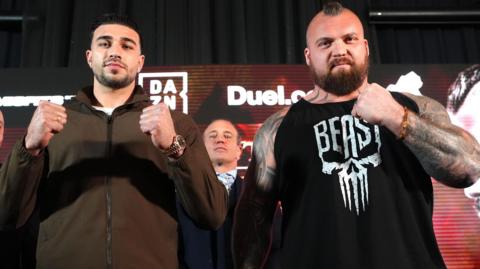 Tommy Fury (left) and Eddie Hall pose for photographs during the press conference at Glaziers Hall, London in April 2026
