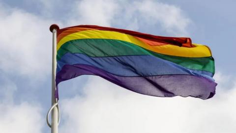 A rainbow flag flys on a flag mast against a blue and white sky.