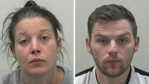 Police mugshots of Hutter and Dale. She has long messy brown hair pulled back into a bun. He has short dark hair, a stubble beard and a cut on his nose.