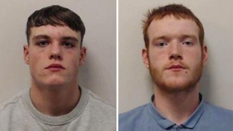 Police mugshots of two men, Kieran Lindsay - who has short dark hair and a white/grey top on, and Marshall Strachan - who has red hair and a blue top on.