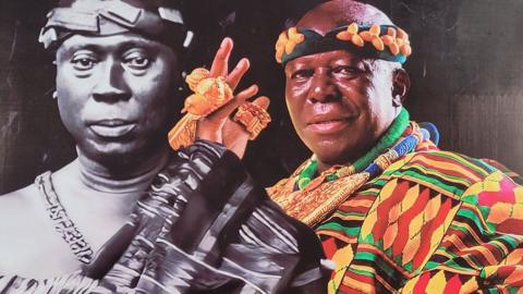 A photo of the 19th Century Asante king Prempeh in traditional clothes alongside the current king