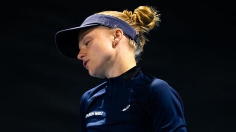 Harriet Dart reacts after losing a point against Donna Vekic