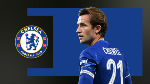 Ben Chilwell in front of a blue background and a Chelsea crest