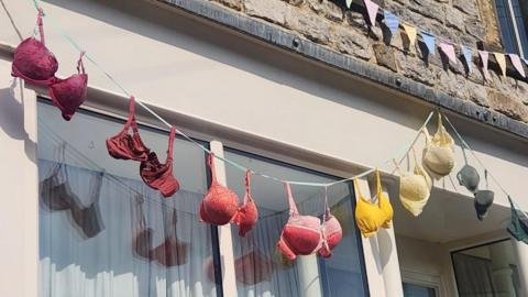 A number of bras in different colours hanging from the front of the house.