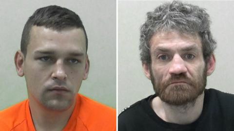 Mugshots of two men. On the left is Gary Clews, who has short brown hair and is wearing an orange T-shirt. On the right is Craig Brown, who has thick grey hair and a thick ginger beard, and is wearing a black T-shirt.