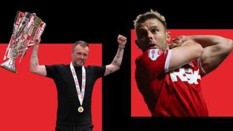 Nathan Jones celebrates with the League One play-off final winners' trophy, left, and Matty Godden pretends to swing a golf club in a goal celebration, right, in front of a black background with red block squares