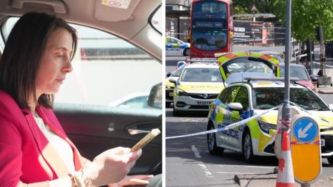 A split screen image of Lucy Manning on the phone and police cars in Golders Green