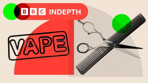 A treated image showing a sign saying VAPE and a pair of scissors and a comb