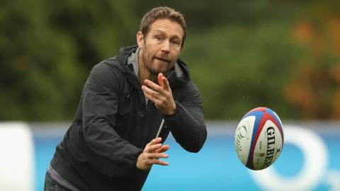 Jonny Wilkinson, the former England international passes the ball during the England captain's run at Pennyhill Park on November 9, 2018 in Bagshot, England. 