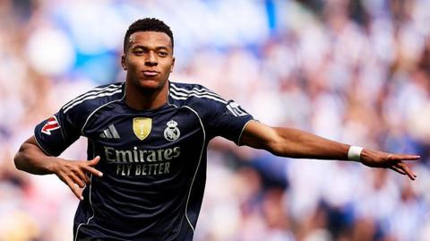 Real Madrid's Kylian Mbappe celebrates scoring against Real Sociedad