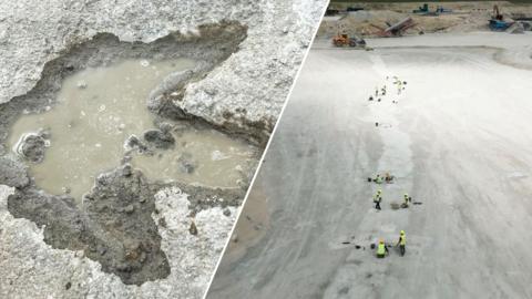 A split image of a large dinosaur track, and a pathway.  © OXFORD UNIVERSITY MUSEUM OF NATURAL HISTORY