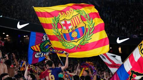 A Barcelona flag during a game