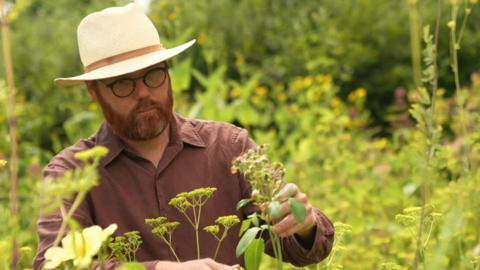 A man wearing a hat and brown shirt stands in a meadow, tending to a plant. 