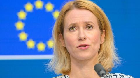 EU Commission Vice-President and High Representative for Foreign Affairs and Security Policy Kaja Kallas gives a press conference prior to the EU Foreign Affairs meeting.