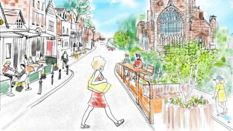 An artist impression of a street, with people sitting outside a restaurant on the left-hand side, a woman crossing the road in the middle, and people sat in a mini-park on the right hand side amongst trees and plants. A church can be seen in the background.
