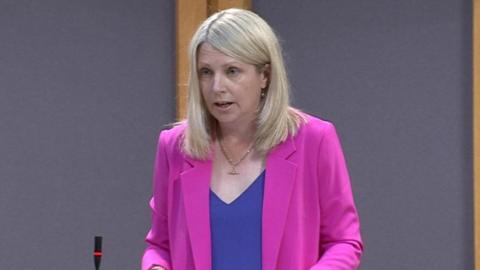 An image of Hannah Blythyn stood in the Senedd chamber, wearing a pink jacket and blue top.