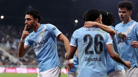 Omar Marmoush celebrates after scoring for Manchester City against Newcastle United in the FA Cup fifth-round tie at St James' Park on 7 March, 2026