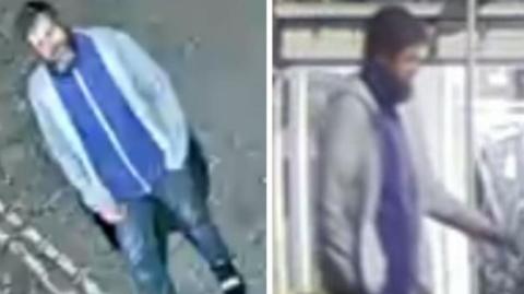 Two CCTV images show a man wearing a grey hooded top over a blue jumper, with blue jeans