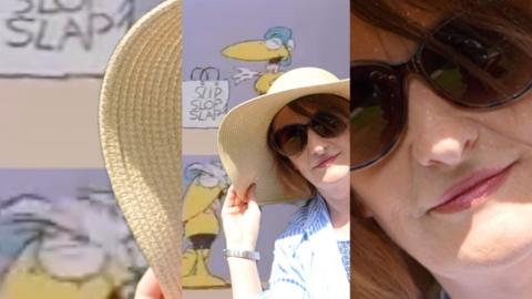 BBC Presenter Jane Wilkinson to the right of screen wearing sunglasses and a large summer hat.