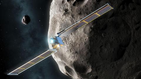 The Dart spacecraft flying close to an asteroid in space. 