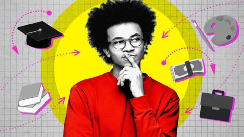 An illustrative graphic has a photo of a young man on a brightly coloured background. He is thinking with one hand on his chin as various items - books, a palette and paint, money, a briefcase - swirl around either side of him accompanied by arrows pointing in different directions
