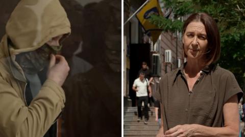 Sarah Rainsford split screen with a man in a hood and face mask.