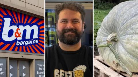 Montage: Close up of a B&M shop sign, the logo is in front of a radiating blue and orange stripped background. A close up of a bearded man with dark hair wearing a black T-shirt with 'beer' on it, in the background is a fridge full of cans. Close up of a very large green/white pumpkin