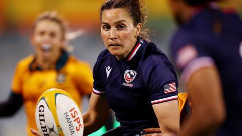 Full-back Tess Feury looks on after passing the ball during the USA's Test match against Australia in July