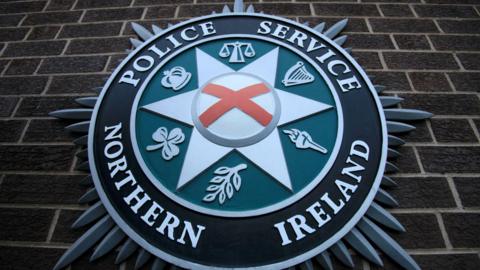 PSNI insignia on a wall. There is the cross of St Patrick and the other symbols are scales of justice, harp and crown from the old RUC badge, the shamrock olive branch and a torch 