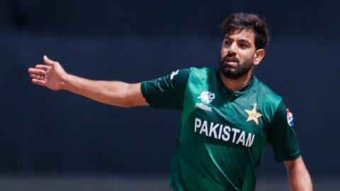Pakistan bowler Haris Rauf celebrates taking a wicket