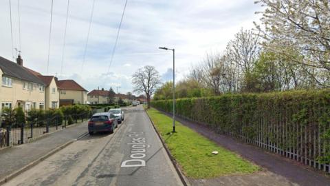 A Google Street view of Douglas Road. It shows a road with houses on the left with black railings in front. There are two cars parked on the side of the road. On the right is a lamppost, grass and a path.