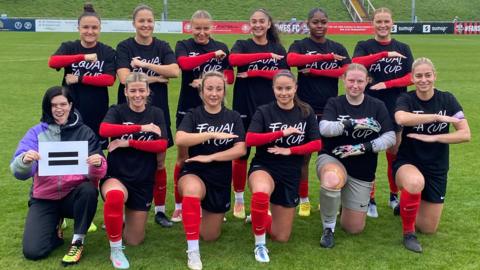 Lewes FC team pose to promote equal prize money for the FA Cup during their first-round win over  Corsham Town