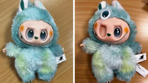 Two pictures side by side of a small toy with a large head. It has blue and green fur all over its body and a peachy, flesh-toned face. It has a huge smile with white teeth poking out, a green nose, large blue eyes and two sports of orange blush. In the photo on the left, the toy is fully intact. On the right, one of its eyeballs is missing